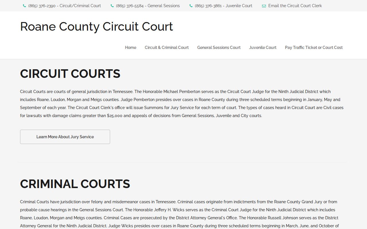Roane County Criminal Court case terms and jurisdiction