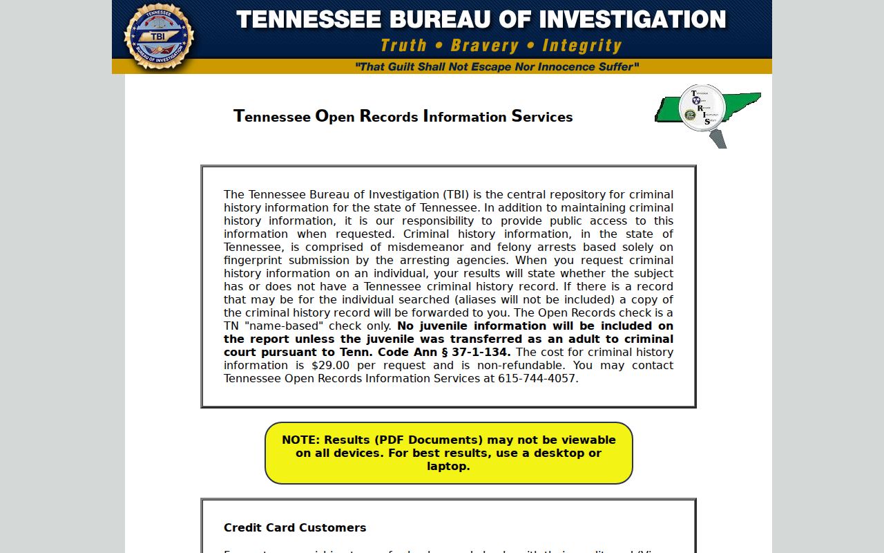 Roane County criminal history access through the Tennessee TORIS ordering screen